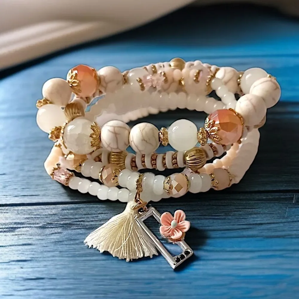 Glass Beaded Stacked Bracelet Rows Beads‎ Floral Neutrals Y2K Boho Fairy Indie